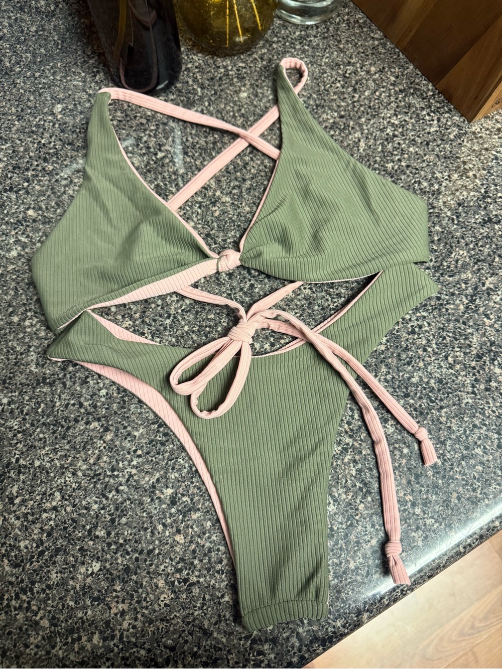 Olive Green Ribbed Bikini with Blush Pink Trim